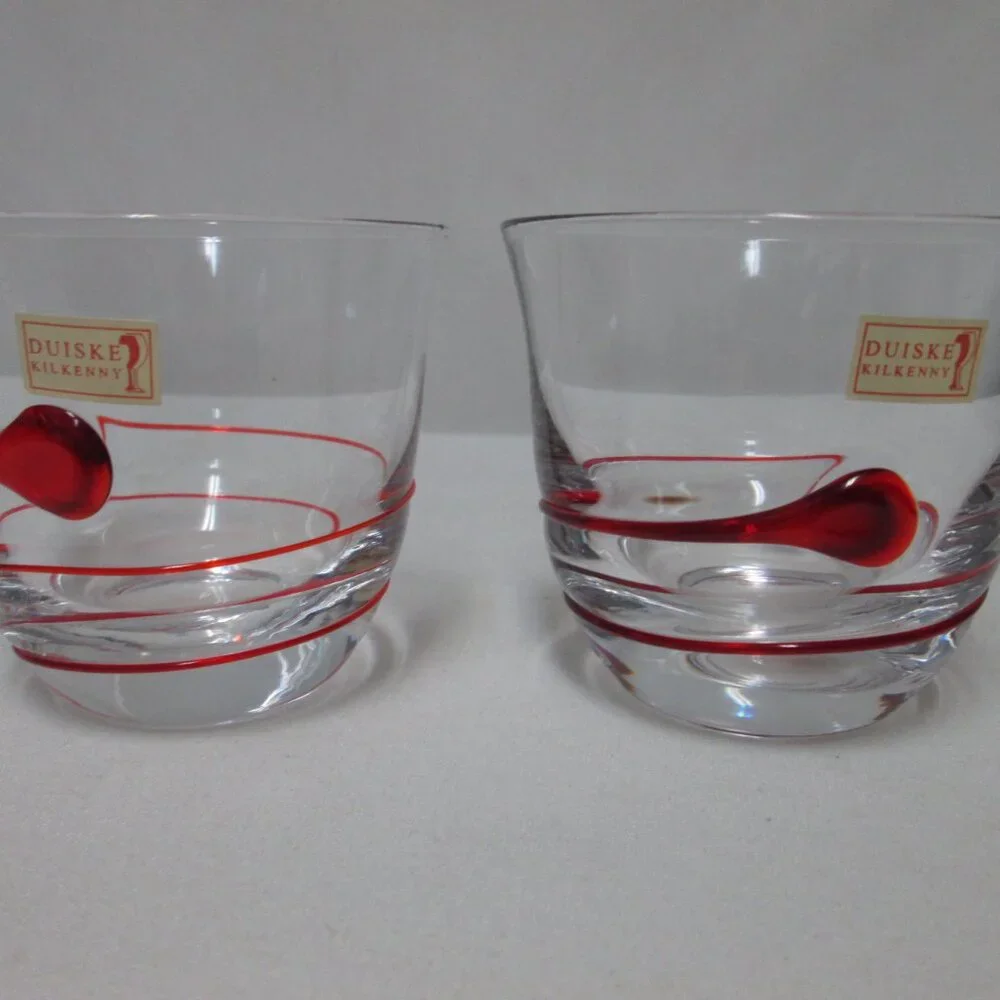 Duiske Kilkenny Irish hand cut glass red swirl votive candle holders Set 2 NEW
